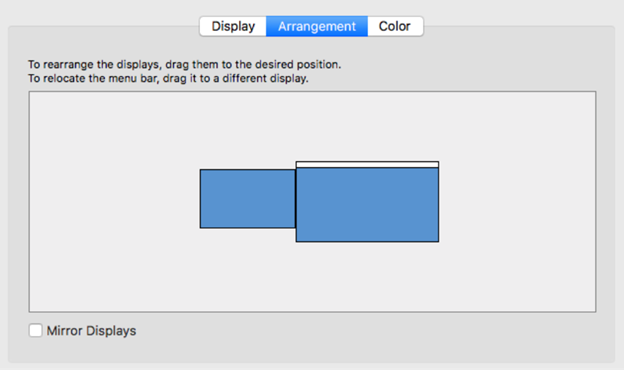 Mac display screen with arrangement tab open, showing the primary screen on the right and the secondary screen on the left.