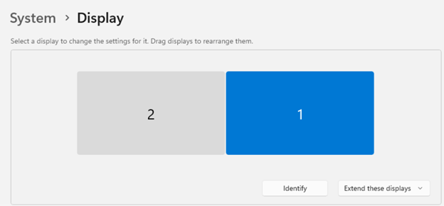 Display Window showing primary screen on the right, marked 1, and the secondary screen, marked 2, on the left.